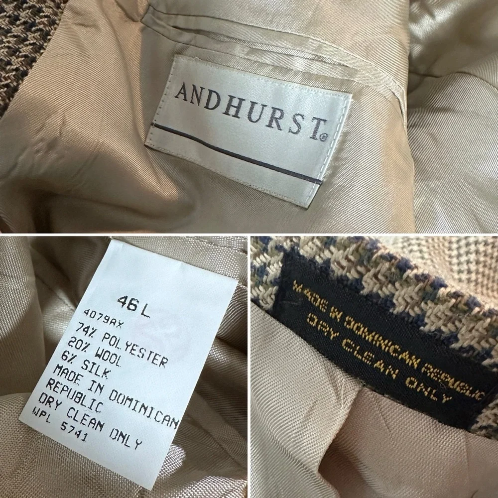Vintage 80s Andhurst Tan Beige Houndstooth Wool Blend Sport Coat Mens Size 46L
